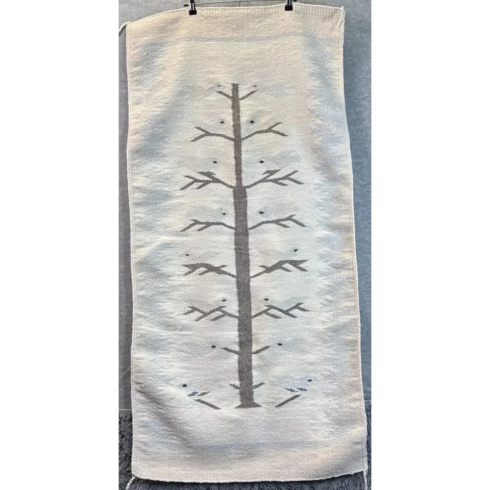 Tree of Life Navajo Style Rug Tapestry Folk Art Southwestern Blue Cream 26
